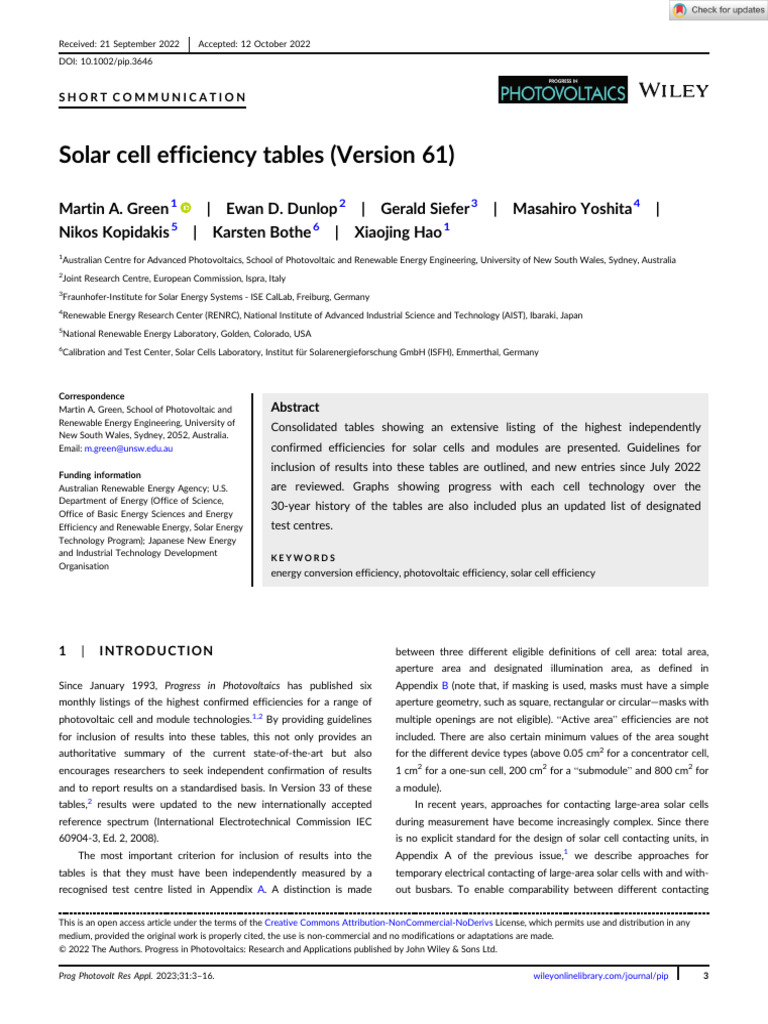 Solar Cell Efficiency Table 2023 | PDF | Photovoltaics | Solar Cell