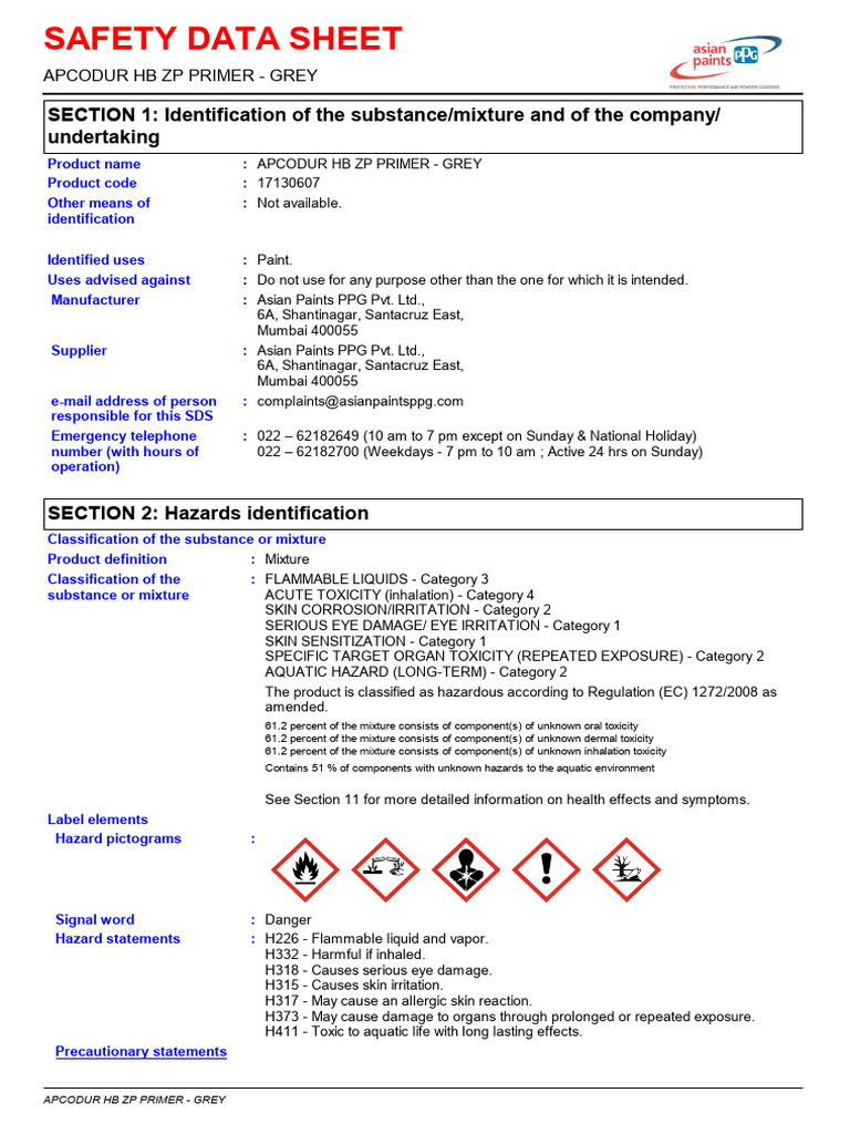 APCODUR HB ZP Primer Safety Data Sheet | PDF | Toxicity | Personal ...