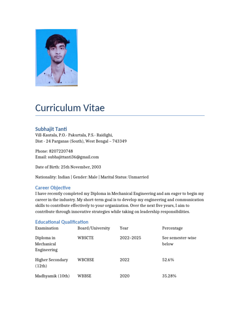 Mechanical Engineer CV - Subhajit Tanti | PDF