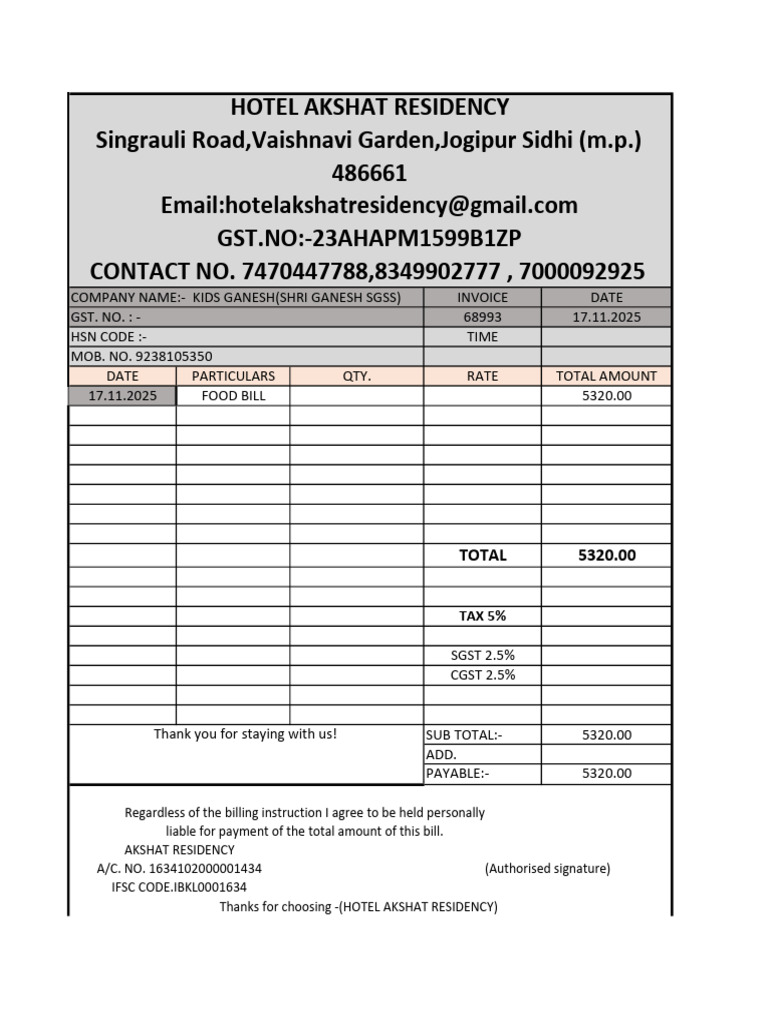 Hotel Akshat Residency Invoice Details | PDF