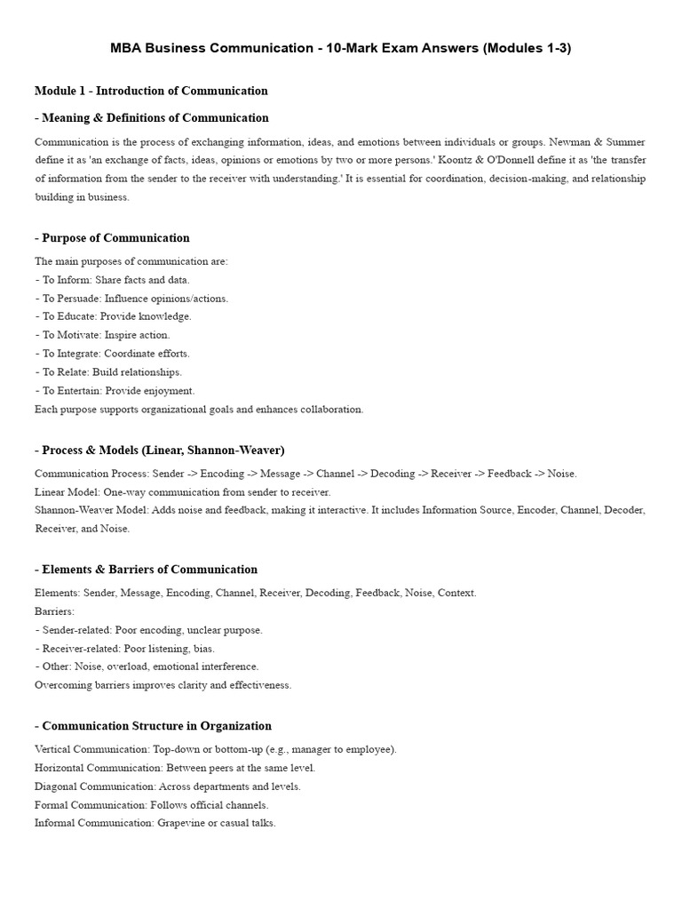 MBA Business Communication Exam Guide | PDF | Communication | Information