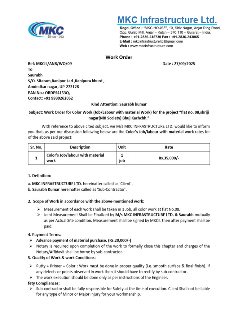 Work Order for Color Work in Bhuj | PDF