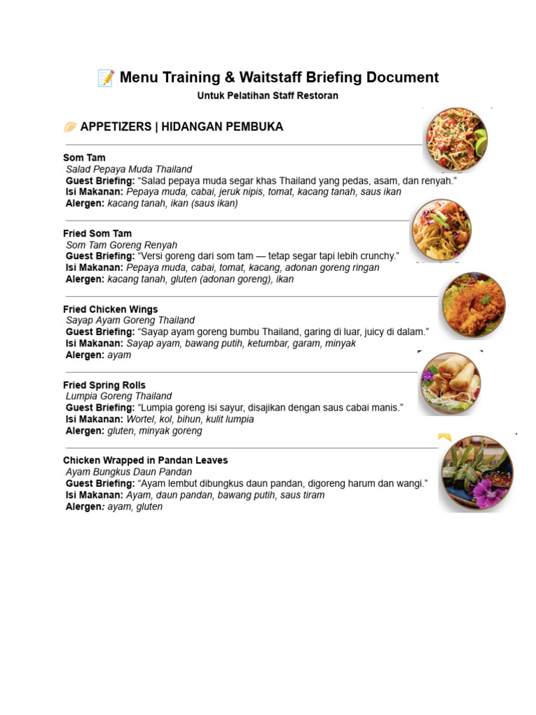 Menu Pelatihan Hidangan Restoran Thailand | PDF