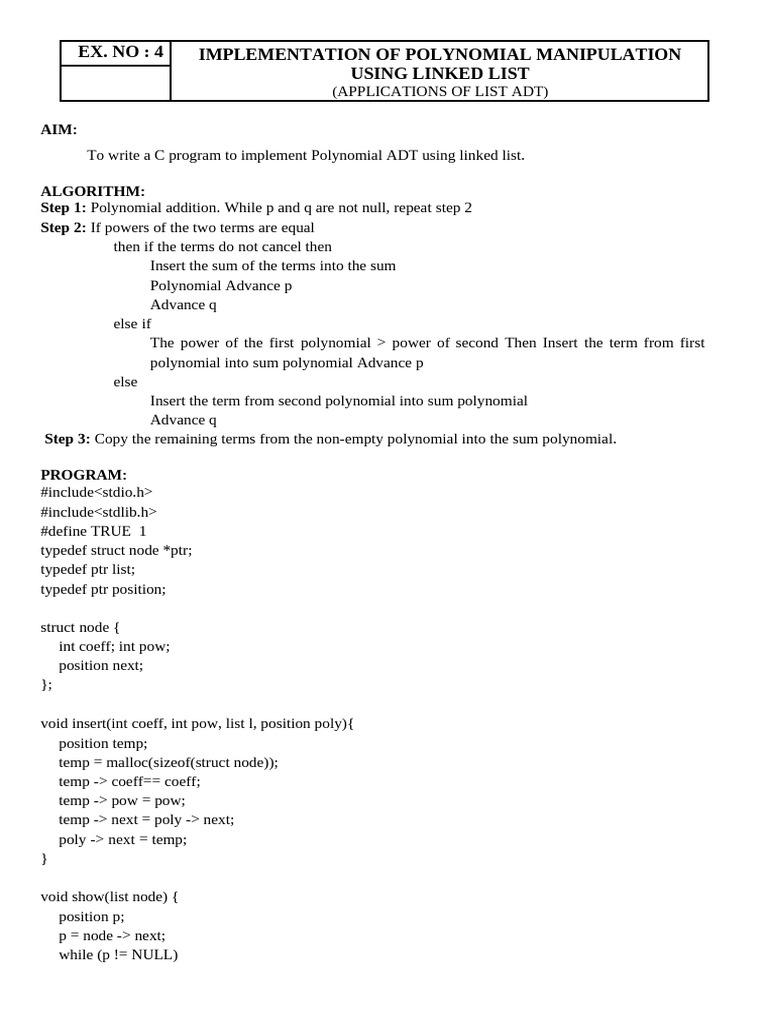 Polynomial Manipulation with C Linked List | PDF | C++ | Algorithms And ...