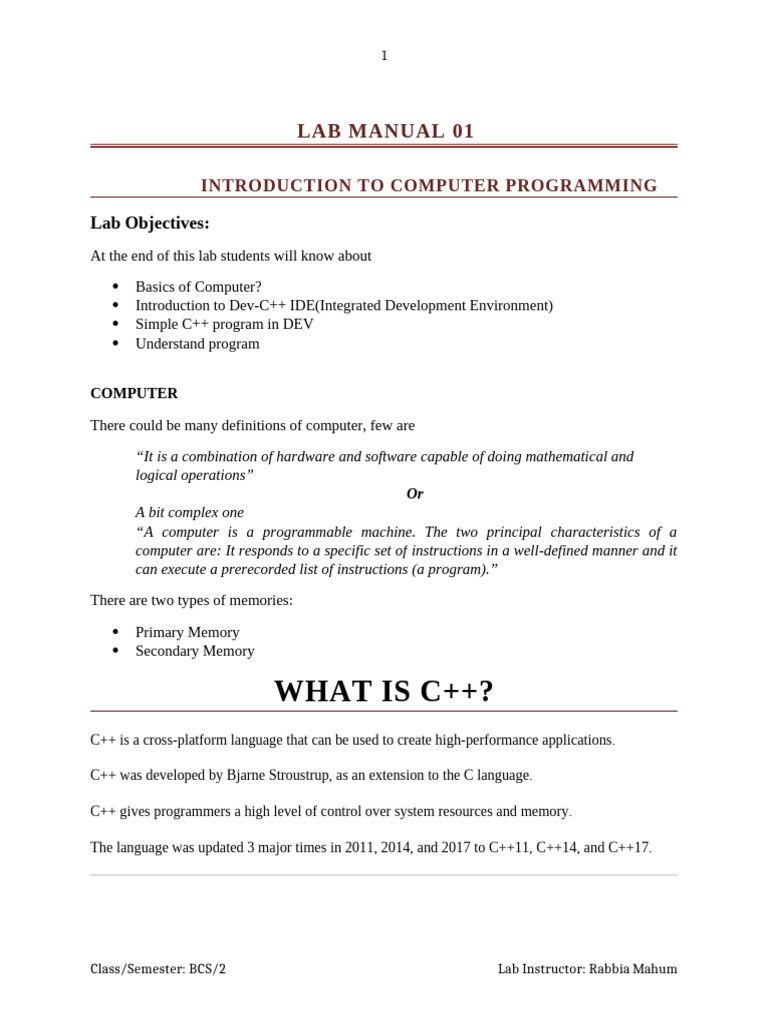Intro to C++ Programming Lab Manual | PDF | C++ | Integrated ...