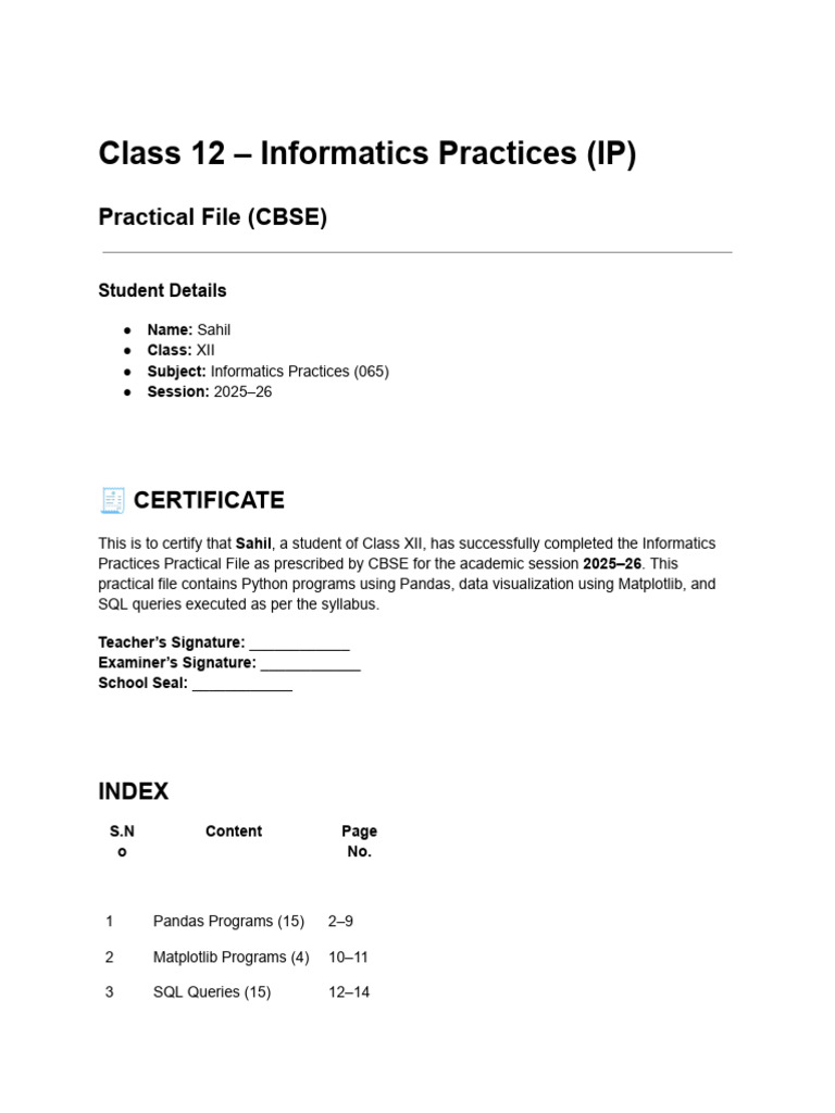 Class 12 Informatics Practices Practical | PDF | Data Management ...