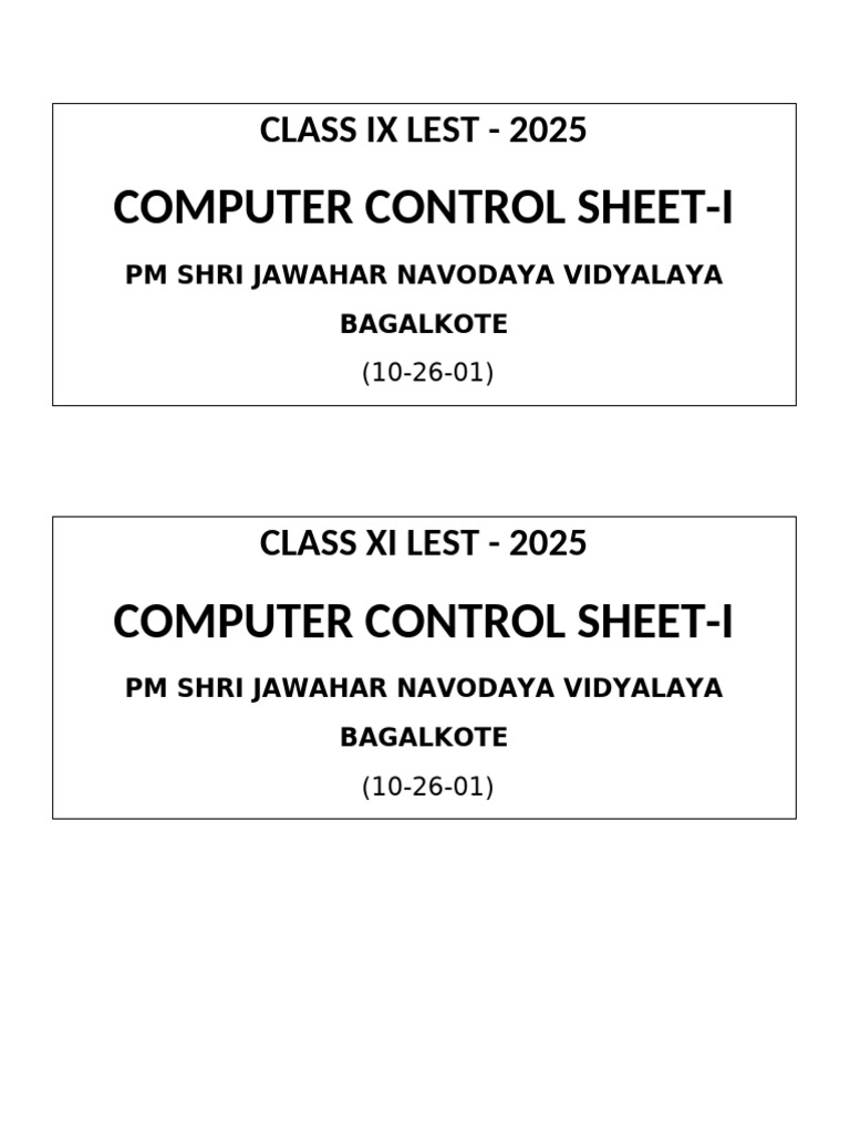 Class IX & XI Computer Control Sheets | PDF
