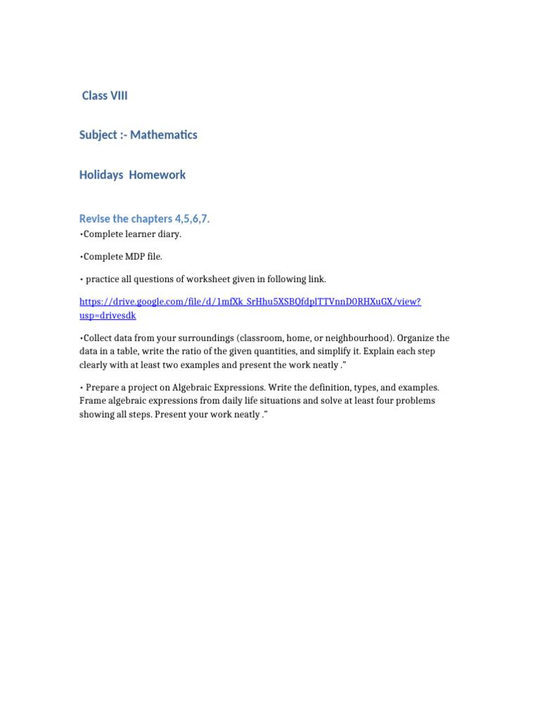 Class 8 Winter Break Home Work Maths | PDF