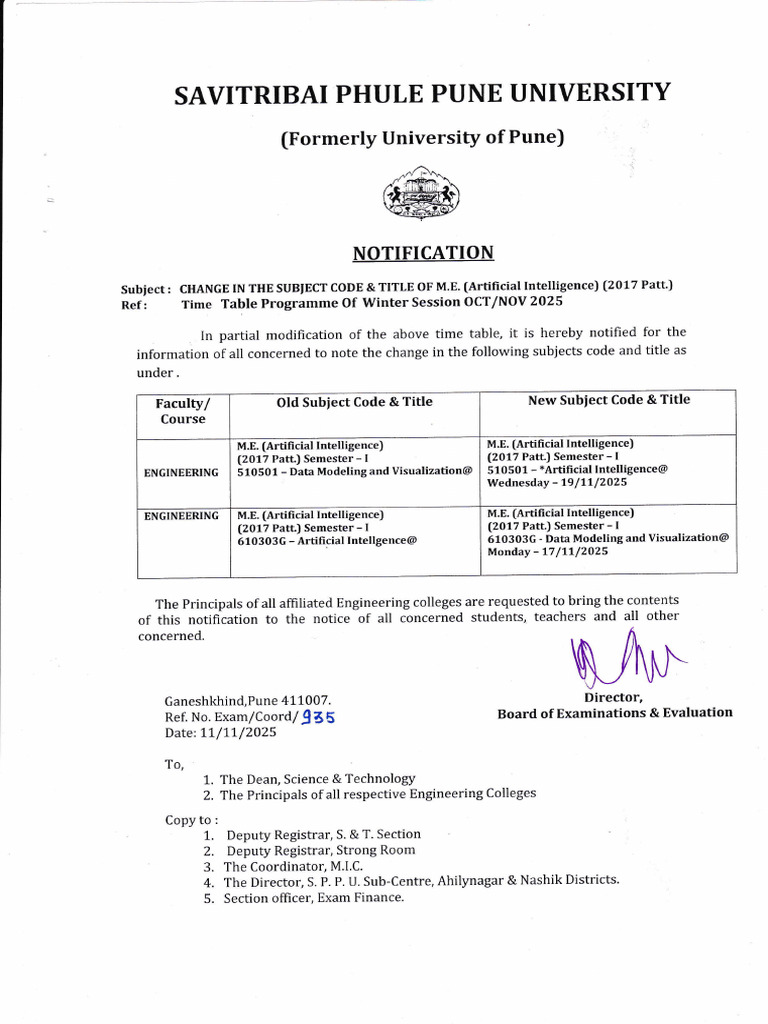 M.E. AI Subject Code Change Notification | PDF