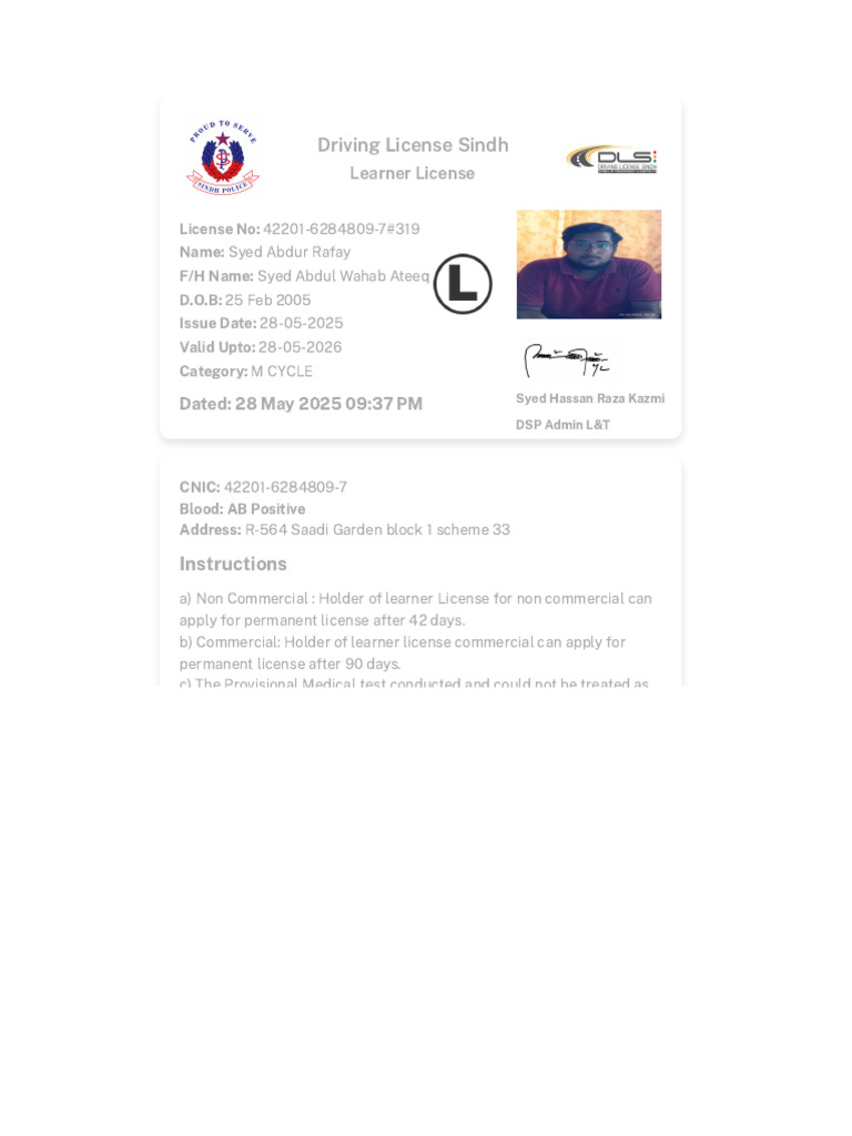 Sindh Learner Driving License Details | PDF