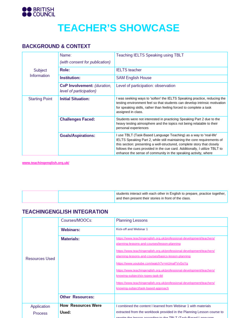 TBLT for Engaging IELTS Speaking Lessons | PDF | Teachers | Lesson Plan