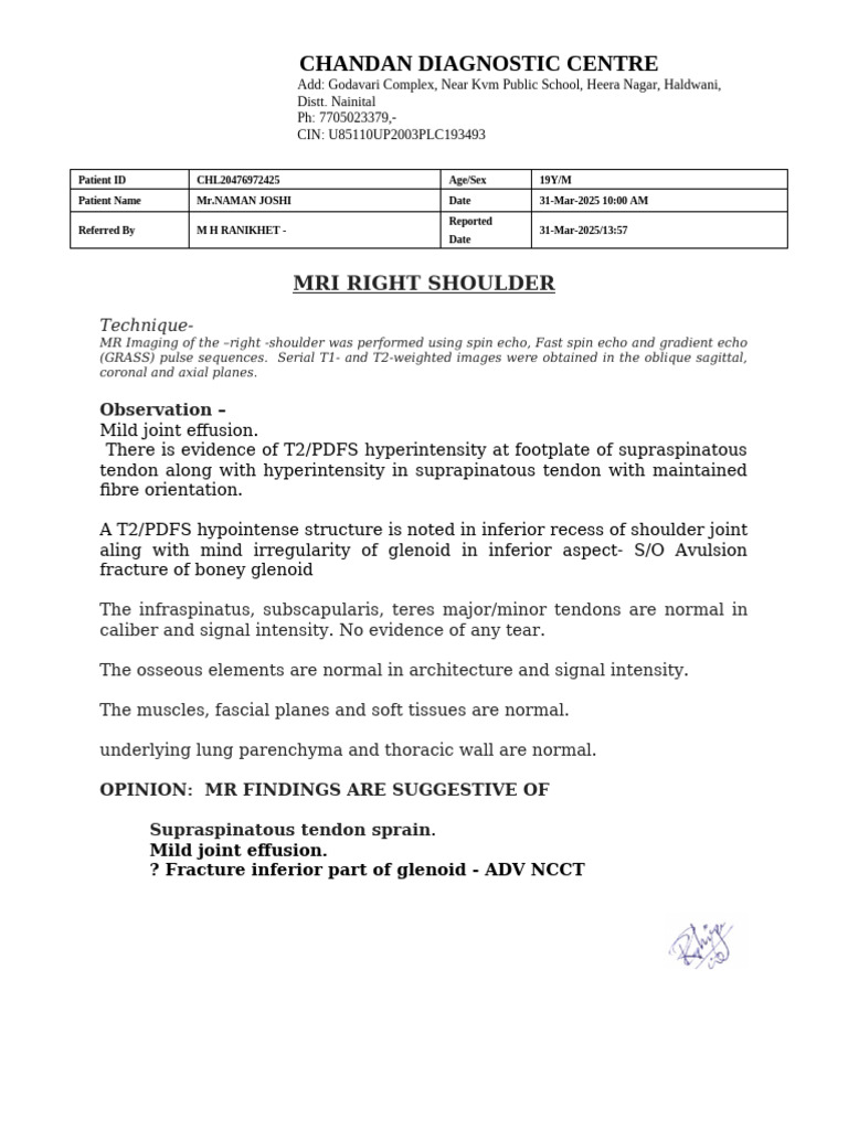 MRI Report: Right Shoulder Findings | PDF | Shoulder | Magnetic ...