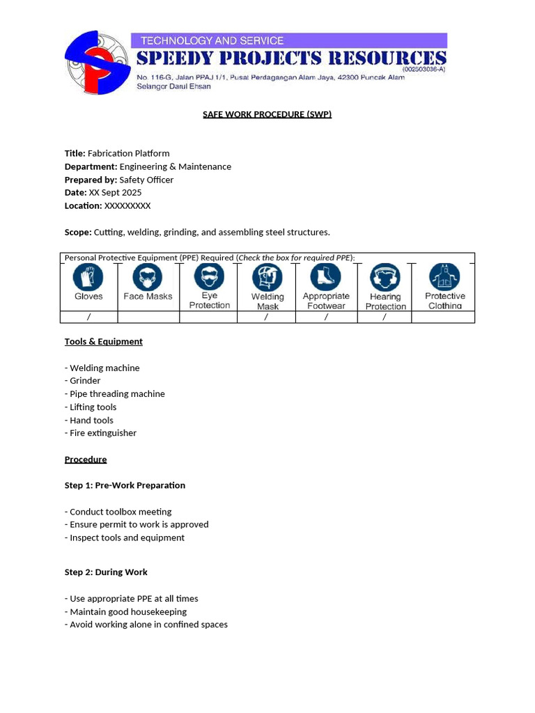 Safe Work Procedure for Fabrication | PDF