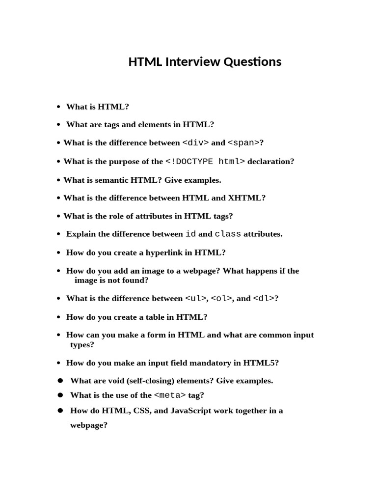 Essential HTML, CSS, and JavaScript Interview Questions | PDF | Html ...