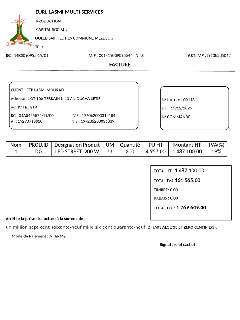 Facture EURL Lasmi Multi Services | PDF