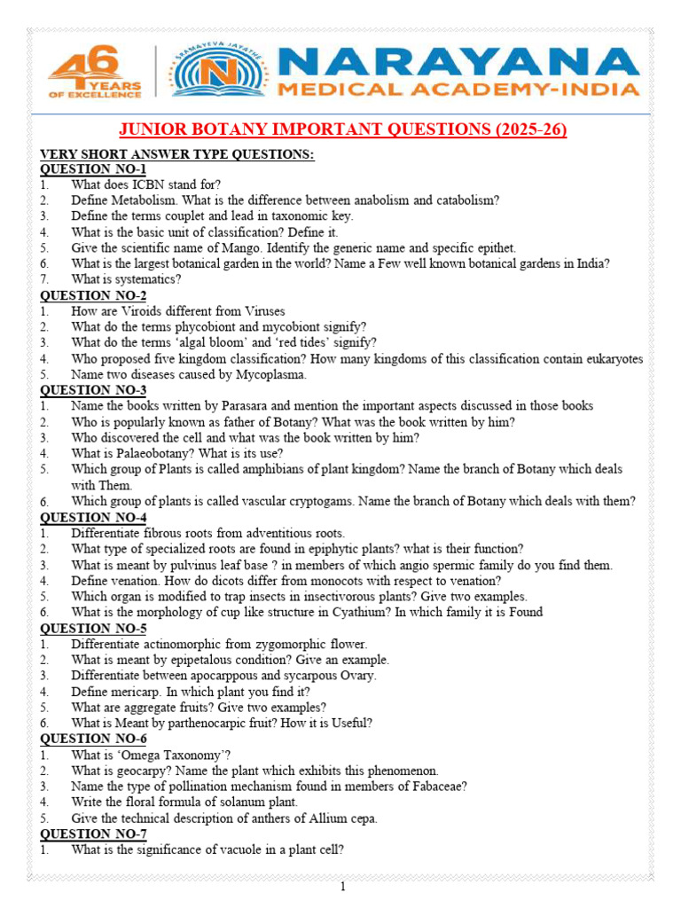 Junior Botany Key Questions 2025-26 | PDF | Sexual Reproduction | Flowers