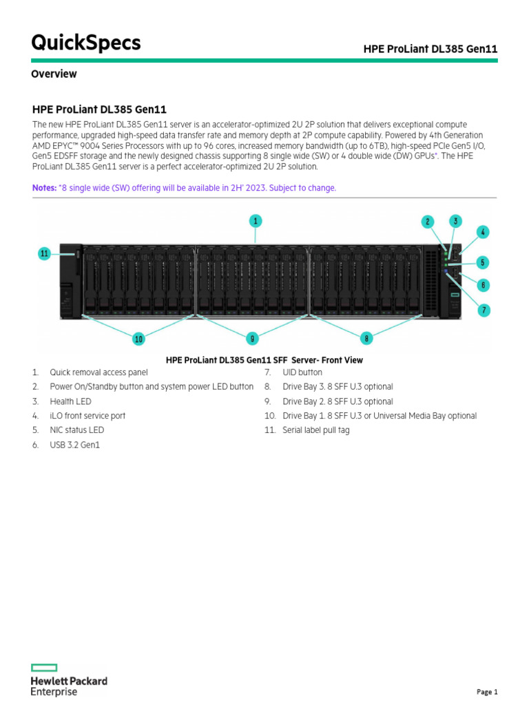 HPE ProLiant DL385 Gen11 Server Overview | PDF | Computing | Computer ...