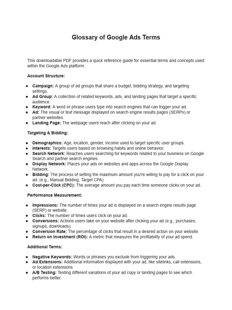 Google Ads Terms Glossary PDF | PDF | Cyberspace | Online Advertising