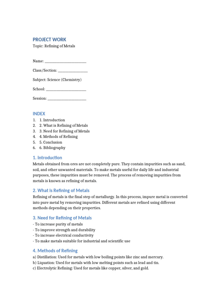 Refining of Metals Project Work | PDF