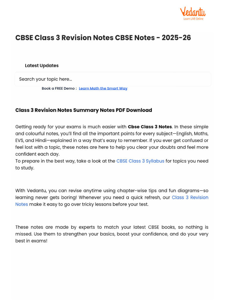 CBSE Class 3 Revision Notes CBSE Notes - 2025-26 | PDF