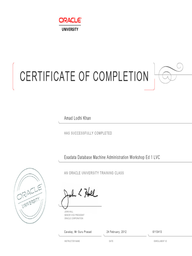 Exadata Database Machine Administration Workshop Ed 1 Certificate | PDF