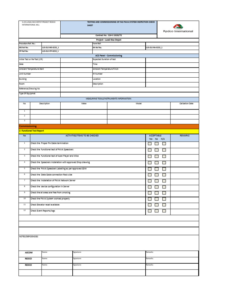 PAVA CKECK LIST (Pre-Comm & Comm Check List) | PDF