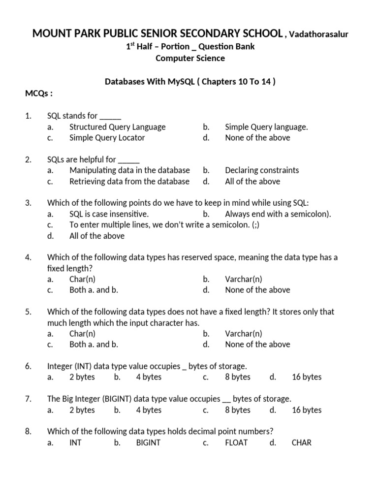 MySQL Question Bank for Computer Science | PDF | Relational Database ...