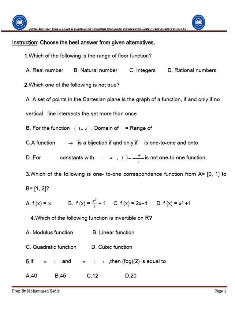 Grade 11 Mathematics Worksheet for Summer | PDF | Function (Mathematics ...