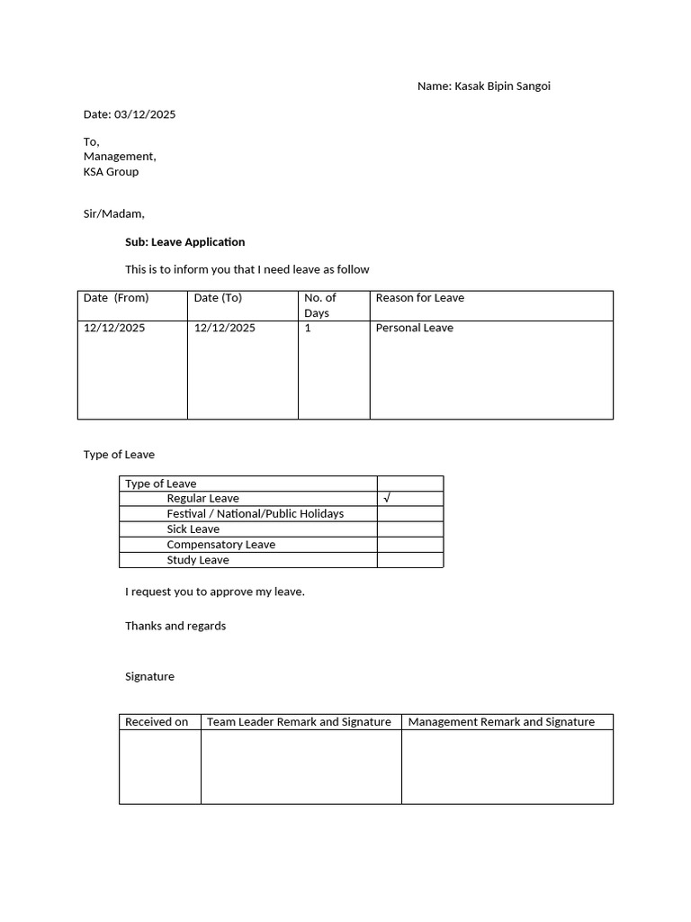 Leave Application | PDF