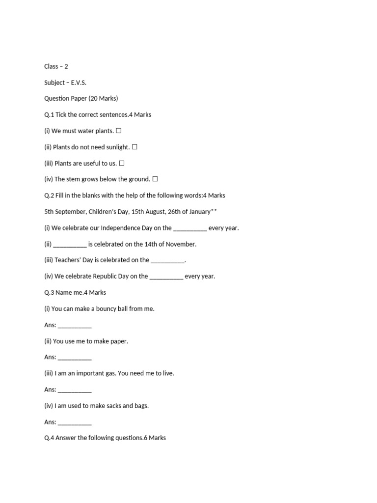 Class 2 E.V.S. Question Paper | PDF