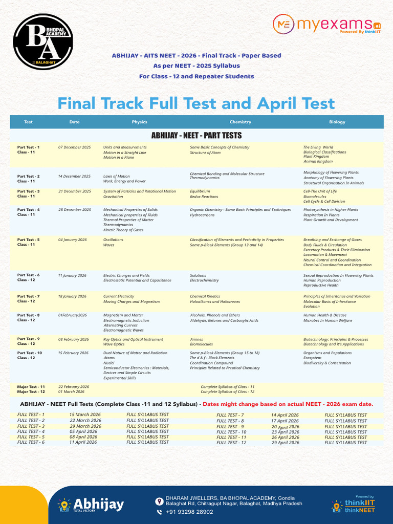 NEET 2026 Final Track Test Schedule | PDF | Chemistry | Gases