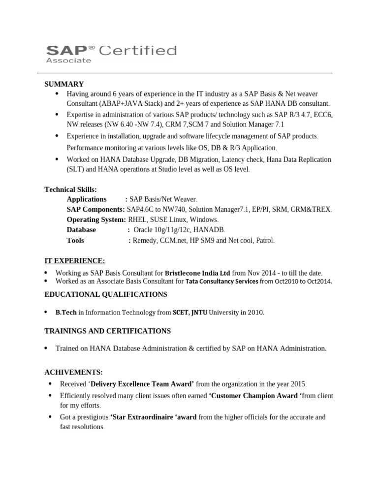 SAP Basis & HANA Consultant Profile | PDF
