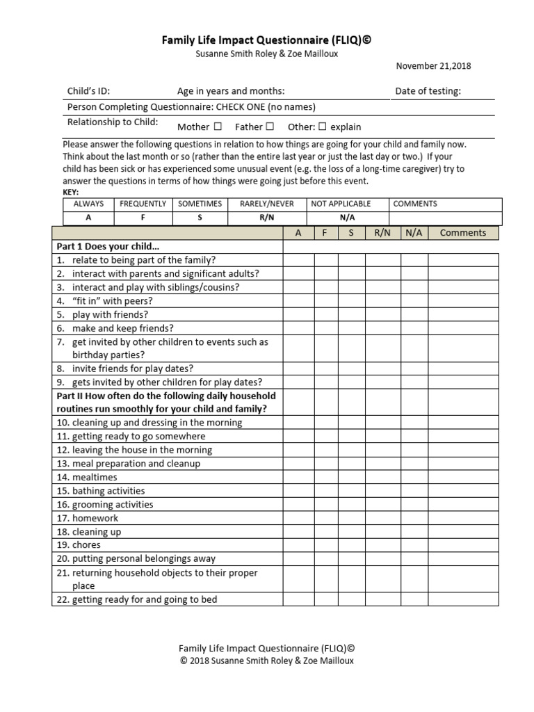Family Life Impact Questionnaire (FLIQ) | PDF | Family