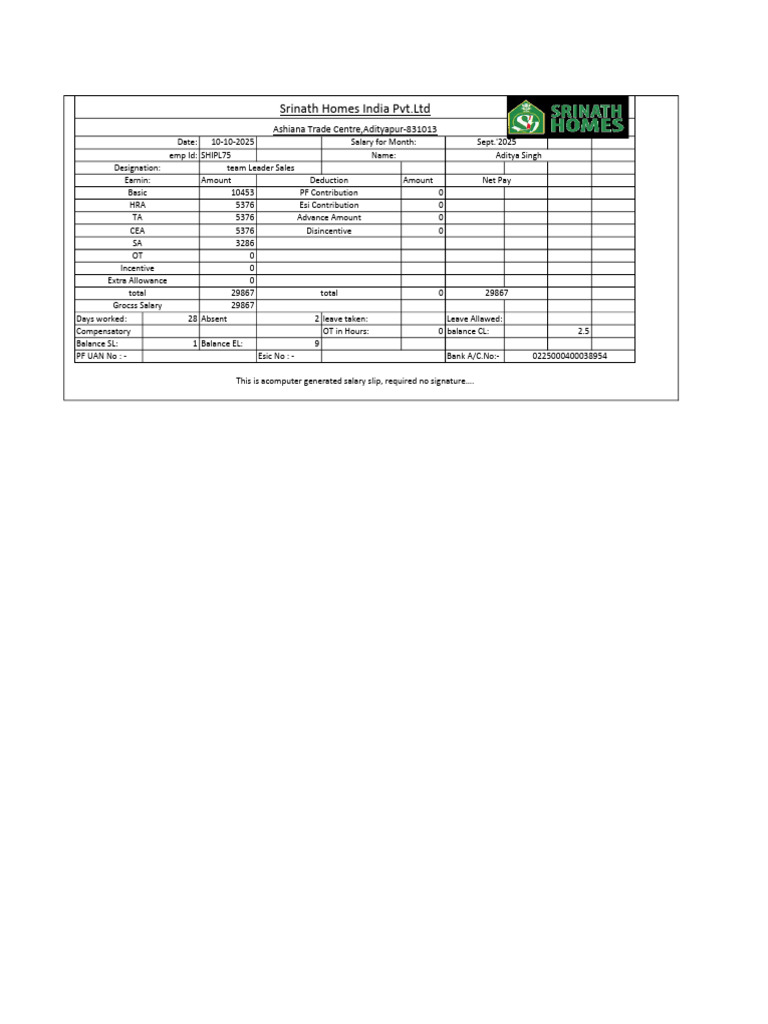 Salary Slip for September 2025 | PDF
