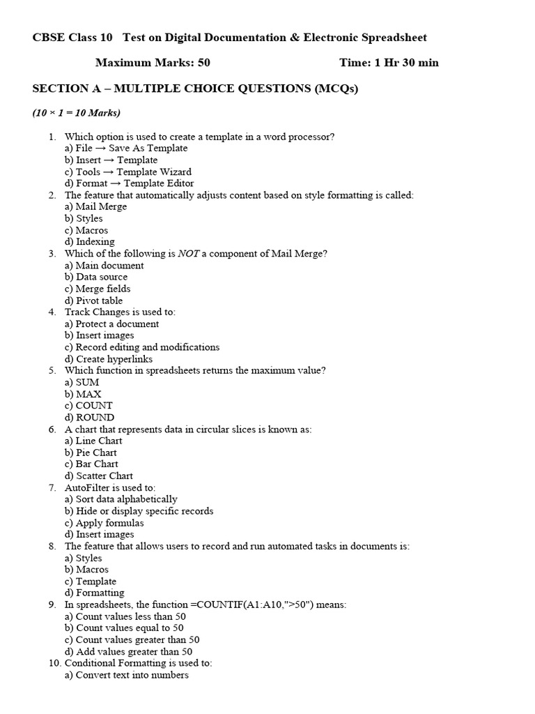 CBSE Class 10 Digital Docs & Spreadsheets Test | PDF | Spreadsheet ...