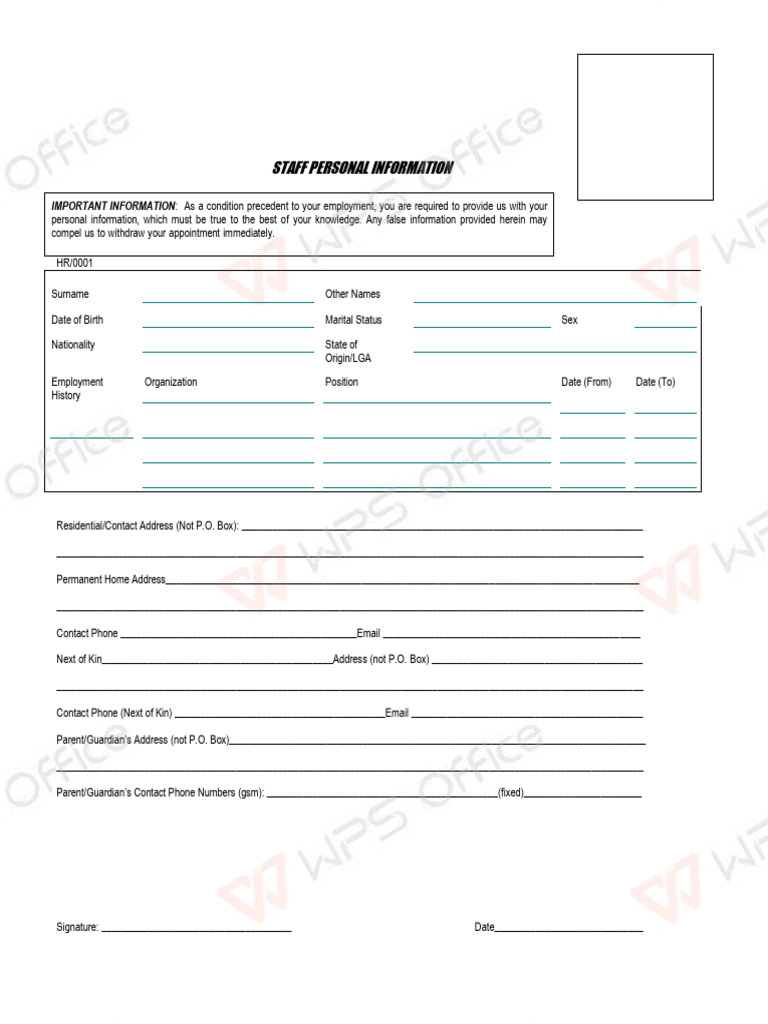 Staff Personal Information Form | PDF