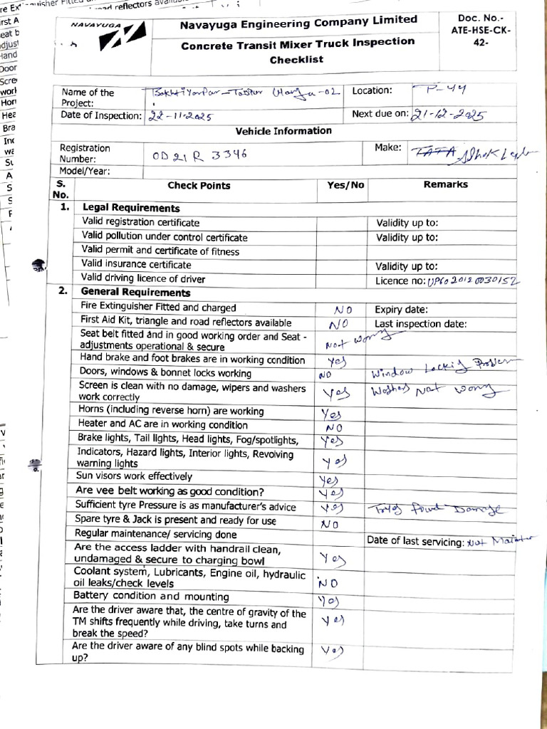 Concrete Transit Mixer Truck Inspection Checklist | PDF | Truck | Motor ...