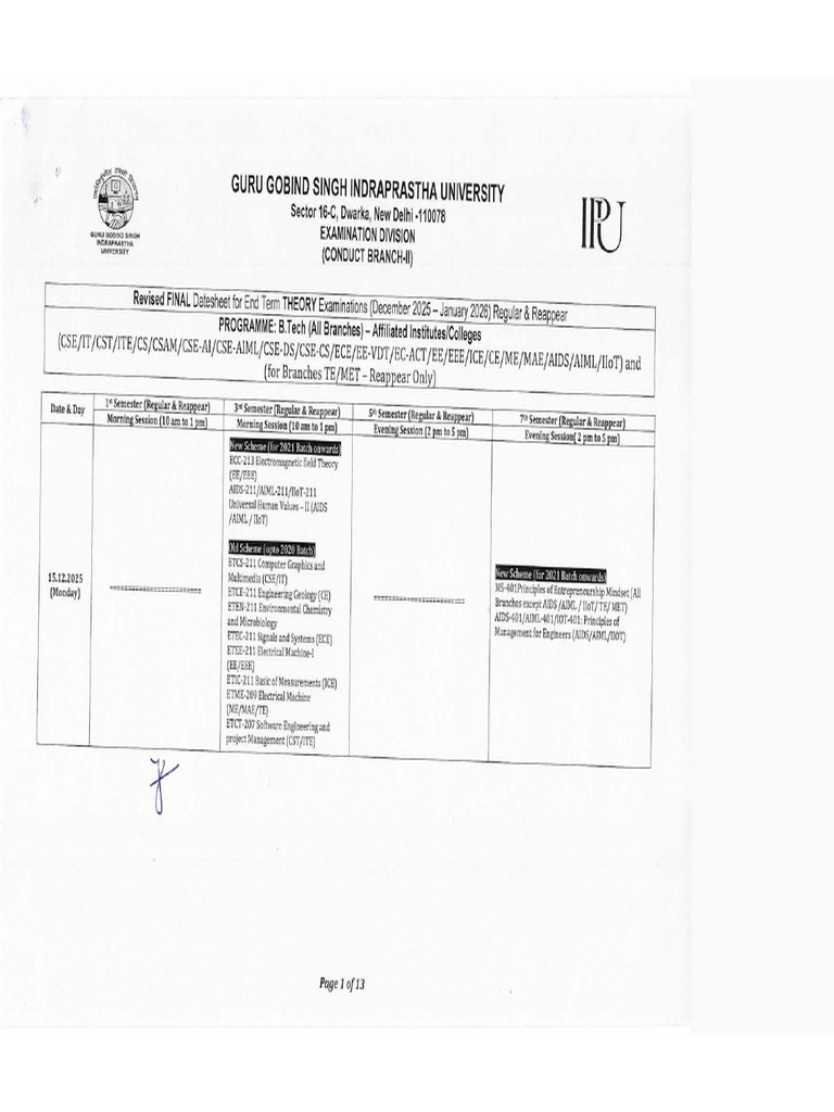 Revised Final Datesheet BTech (Affiliated) Dec 25 - Jan 26 | PDF