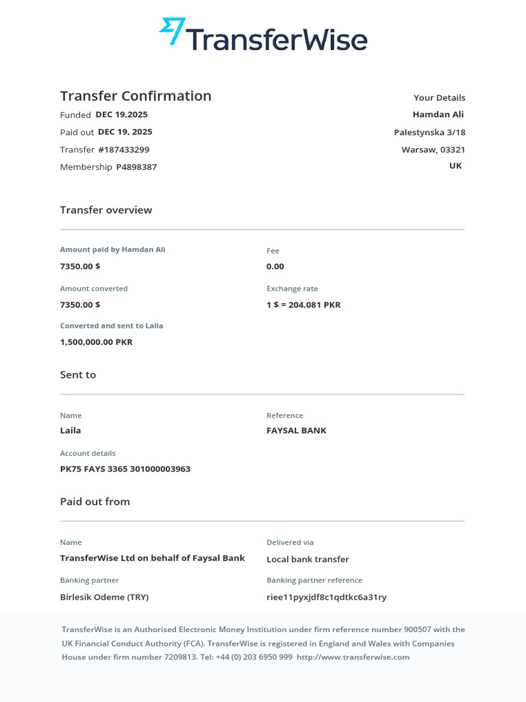 TransferWise Fund Transfer Confirmation | PDF