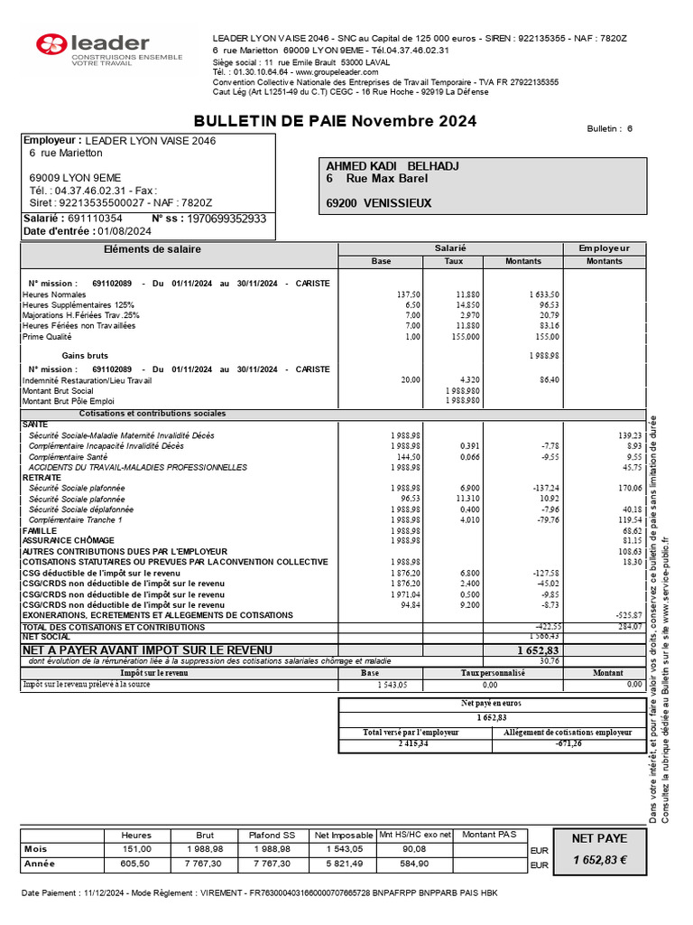 Bulletin de Paie Novembre 2024 | PDF | Impôt sur le revenu | Relations ...