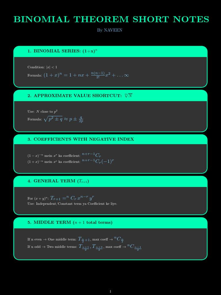 Binomial Theorem Key Concepts Summary | PDF | Mathematics ...