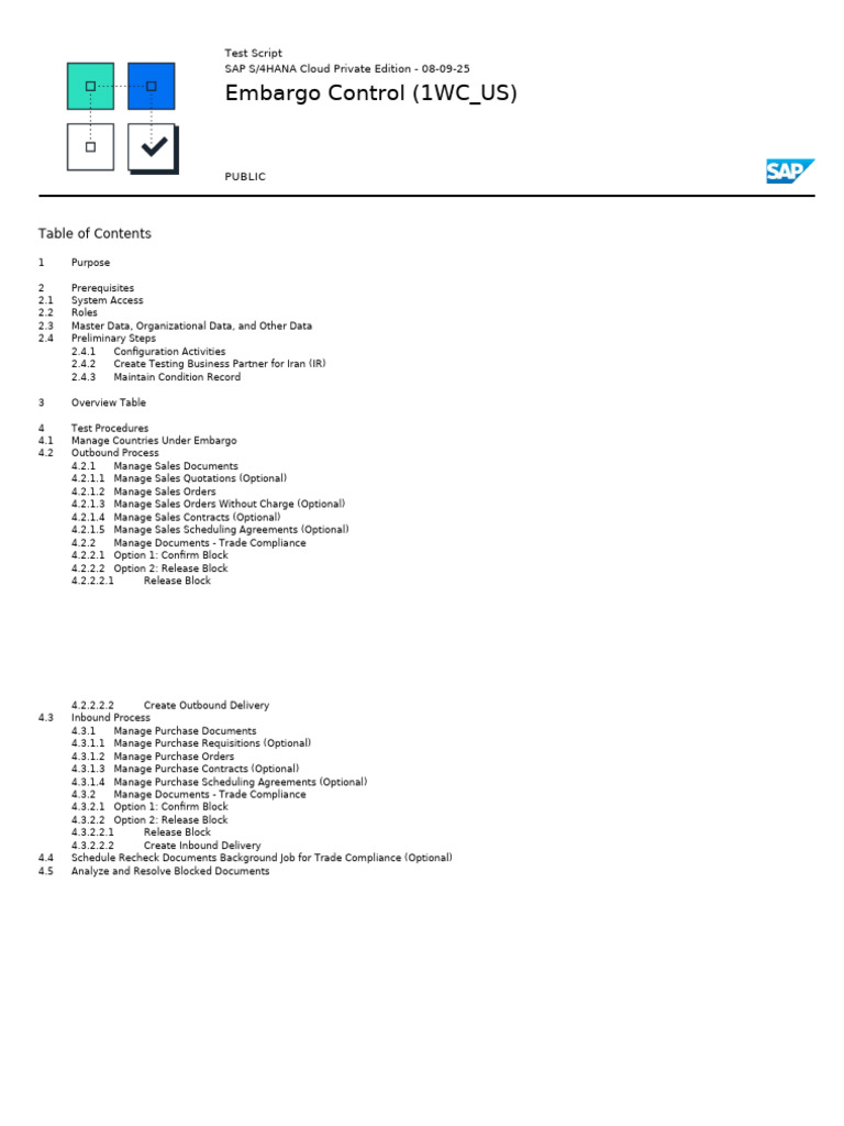 SAP S/4HANA Embargo Control Test Script | PDF | Sales | Accounts Payable