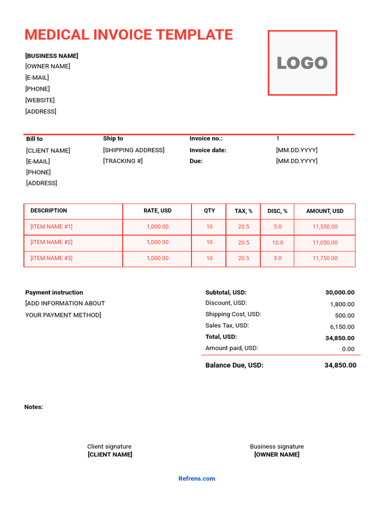 Medical Invoice Template Download | PDF