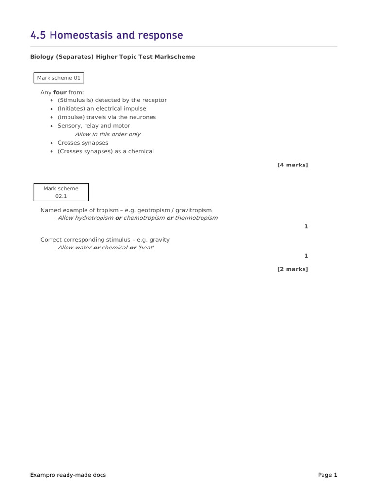 Homeostasis and Response Mark Scheme | PDF | Glycogen | Glucose