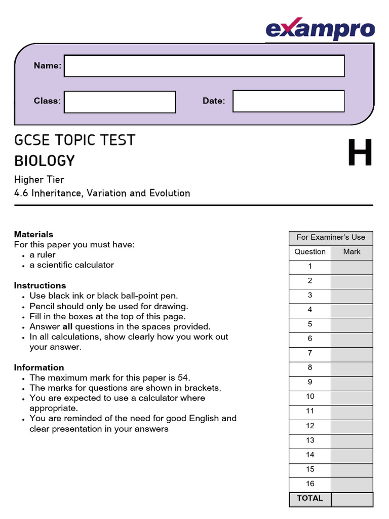 GCSE Biology Inheritance Test Paper | PDF | Genotype | Reproduction