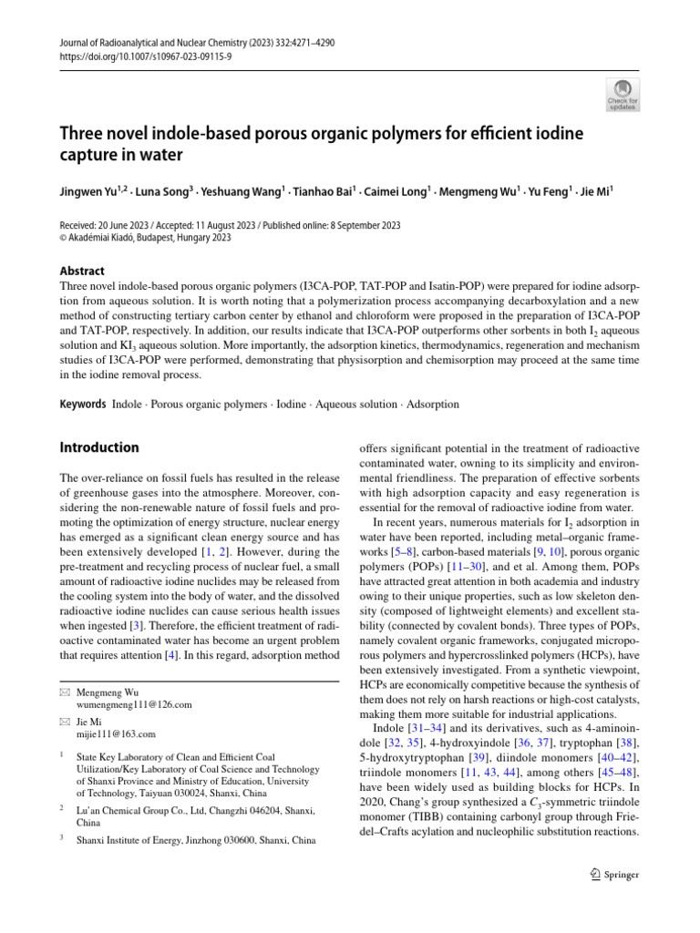 Indole-Based Polymers for Iodine Capture | PDF | Adsorption | Organic ...