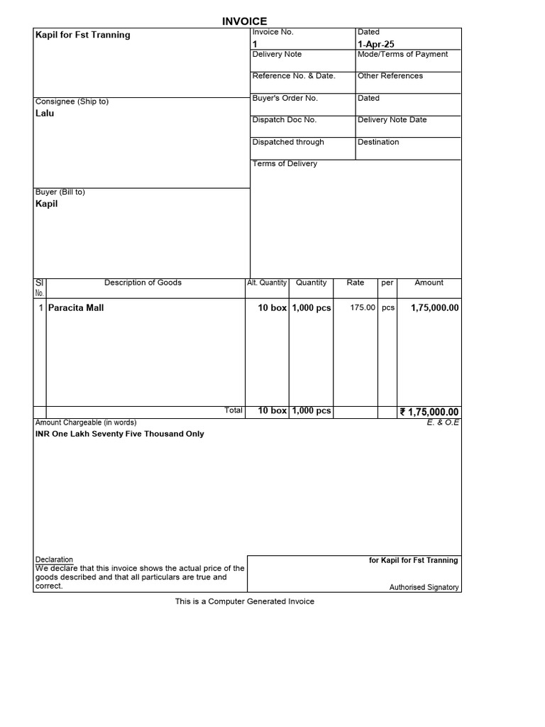 Invoice for Kapil - Fst Tranning | PDF