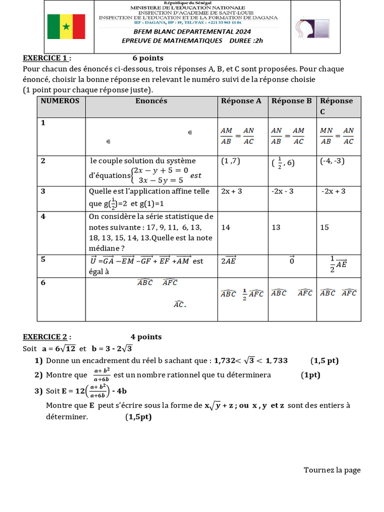 Exercices de mathématiques pour le BFEM 2024 | PDF | Mathématiques ...