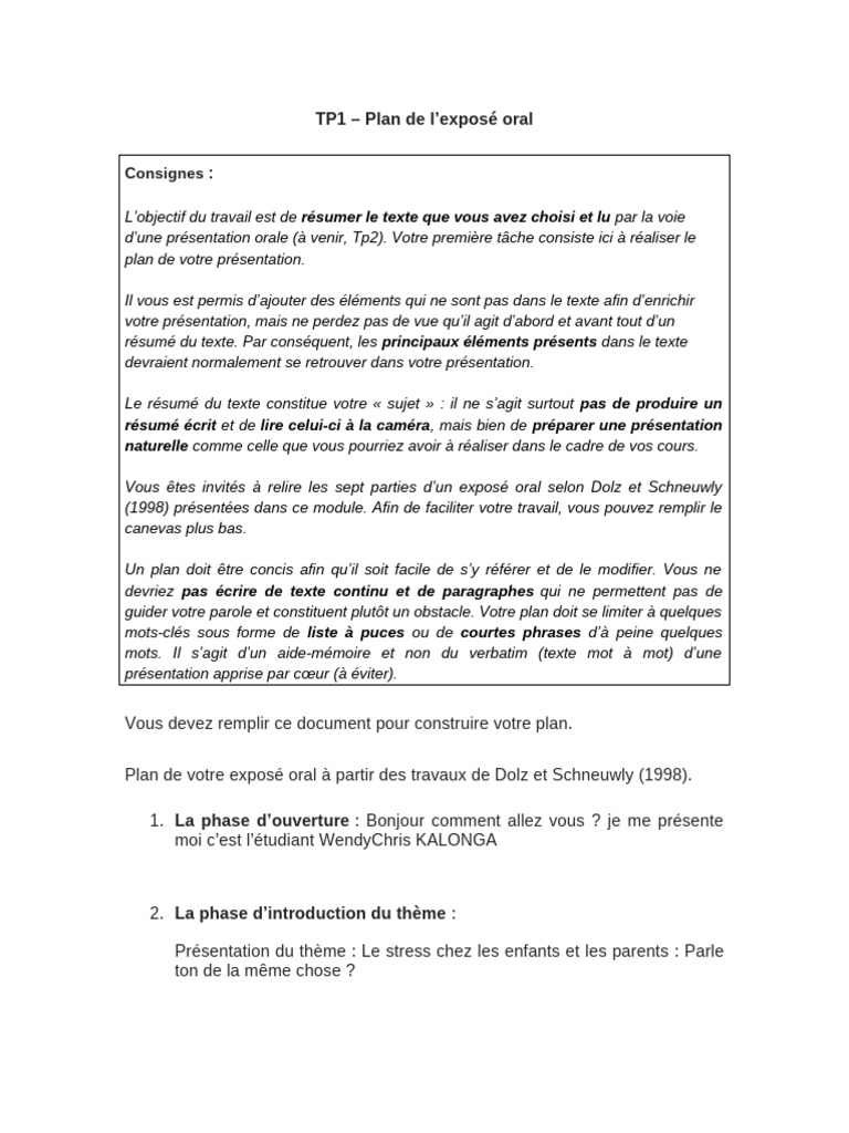 Plan d'exposé oral sur le stress | PDF