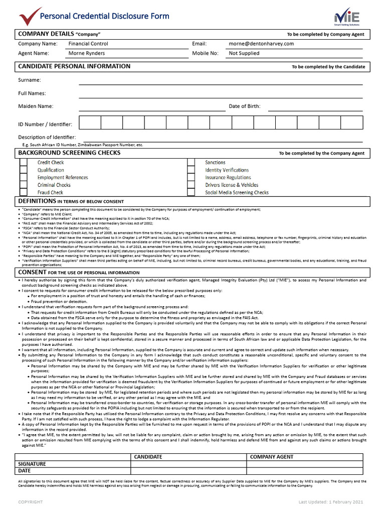 Personal Credential Disclosure Form | PDF | Criminal Record | Credit Bureau